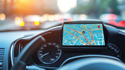 Poster - Route dashboard with city map navigation interface. Car GPS navigator screen, future autopilot system display with city streets and blocks, route distance data, path turns and destination tag or mark