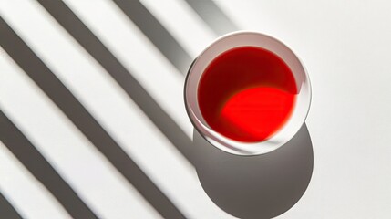 Poster - Bright Red Liquid in a Clear Glass Bowl on a Light Surface with Intriguing Shadows from Sunlight Creating a Beautiful Play of Light and Colorful Contrast