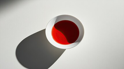 Poster - A Single White Bowl Filled with Bright Red Liquid Casting a Soft Shadow on a Minimalist White Surface in Natural Light