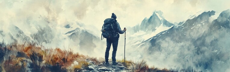 Poster - Exploring majestic mountain trails with a lone hiker against a breathtaking watercolor sky