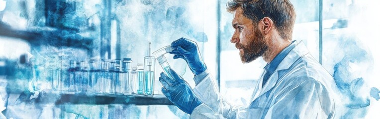 Poster - Scientist conducting experiments in a lab, showcasing meticulous observation and research in a creative watercolor style