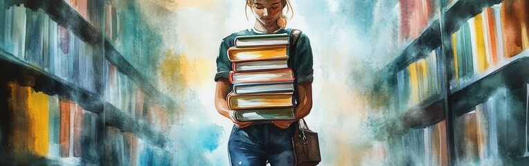 Poster - Portrait of a young woman carrying books in a vibrant library with watercolor splashes