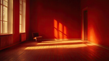 Poster - Serene Empty Room with Warm Sunlight Streaming Through Windows, Highlighting Rich Red Walls and Wooden Floor, Evoking a Calm and Peaceful Atmosphere