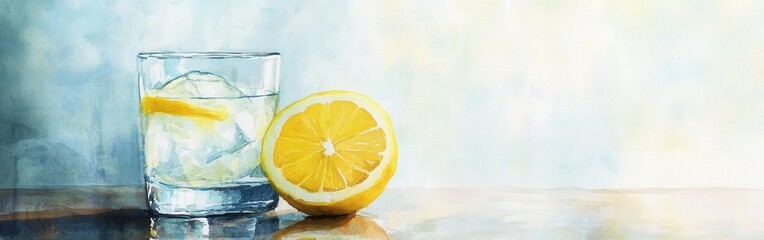 Aufkleber - Refreshing close-up of a lemon with a glass of iced drink set against a watercolor background