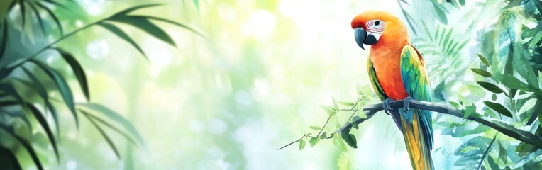 Poster - Close-up of a vibrant parrot perched on a branch surrounded by lush greenery in a tropical forest