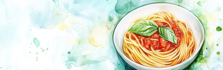 Poster - Enjoying a delicious bowl of spaghetti with tomato sauce and fresh basil on a watercolor background