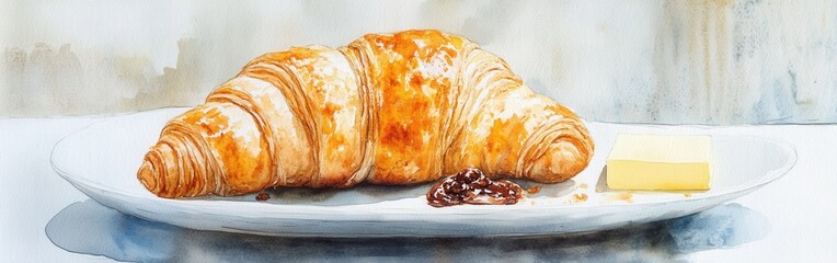 Poster - Close-up of a freshly baked croissant with butter and jam on a plate with a soft watercolor background