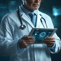 Aufkleber - close up of a physician holding a tablet device with a futuristic holographic medical interface feat