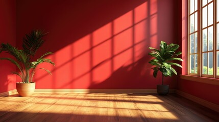 Poster - Bright and Inviting Interior Space Featuring Red Walls and Natural Light with Potted Plants to Enhance the Cozy Atmosphere of the Room