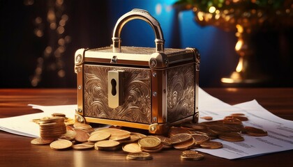 A locked ornate chest sits atop financial documents and a pile of gold coins