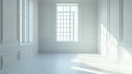 Poster - Bright and Minimalist Interior Space with Large Windows and Soft Natural Light, Ideal for Contemporary Design Projects and Modern Home Decor Inspiration