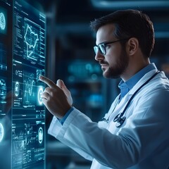 Poster - Futuristic doctor in a high tech hospital setting surrounded by virtual patient records glowing icons and advanced medical tools and technology  Concept of innovative healthcare