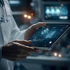 Poster - Close up view of a physician interacting with virtual health records displayed on a digital tablet in a futuristic technologically advanced hospital workspace