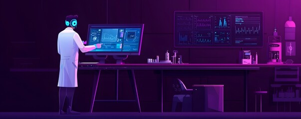 Poster - AI powered doctor using advanced digital tools and interfaces to analyze patient records and data in a dynamic futuristic clinic setting showcasing innovative healthcare technology and research