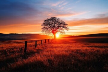 Poster - A serene sunset landscape featuring a tree silhouetted against vibrant orange and purple skies, casting beautiful shadows.