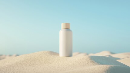 Poster - White Sunscreen Bottle on Sandy Beach with Clear Sky and Gentle Sand Dunes in Background