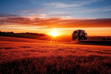 Poster - A breathtaking sunset over a golden field with a lone tree silhouetted against the colorful sky.