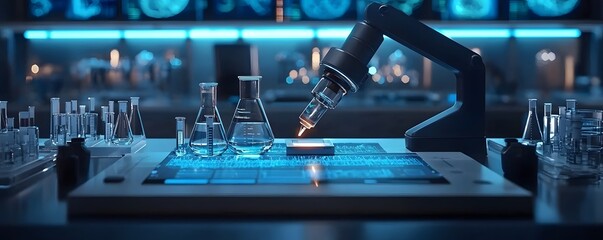 Poster - Futuristic digital research interface showcasing advanced healthcare diagnostics and medical breakthroughs through innovative technology data analysis and collaborative innovation