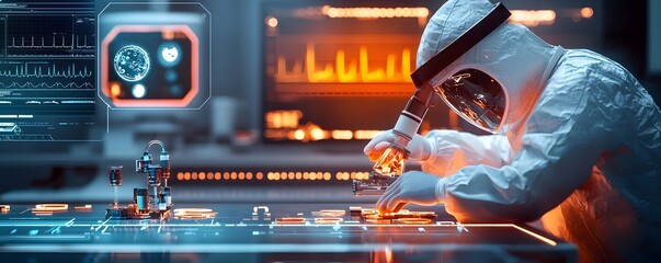 Poster - Futuristic glowing laboratory with innovative healthcare research tools medical data holograms and advanced digital analytics for the future of modern diagnostics and treatment