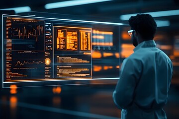 Poster - Cutting Edge Healthcare Platform Displaying Holographic Glowing Charts and Data Visualizations in a Futuristic Lab Setting for Research and Analytics