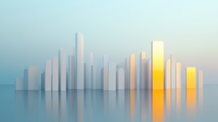 Poster - Breathtaking Futuristic City Skyline at Dawn with Abstract Architectural Elements Reflecting on Water