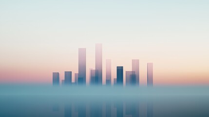Poster - Breathtaking City Skyline with Futuristic Architecture at Sunrise Over a Misty Landscape