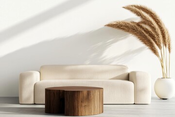 Poster - Minimalistic Living Room with Ivory Sofa and Decorative Pampas Grass Arrangement