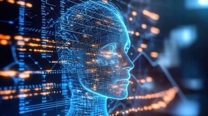 Poster - Futuristic digital representation of a human face with glowing data and technology overlays, symbolizing innovation and AI.