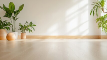 Poster - Bright and Airy Yoga Studio Featuring Wooden Floors and Lush Indoor Plants for a Tranquil Atmosphere
