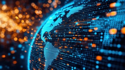 Poster - abstract digital globe with glowing dots and lines representing global connectivity and technology a