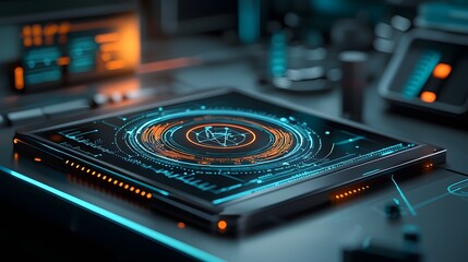 Poster - Futuristic holographic tools and glowing digital interface in an advanced medical research laboratory setting showcasing the latest innovations in healthcare technology and data visualization