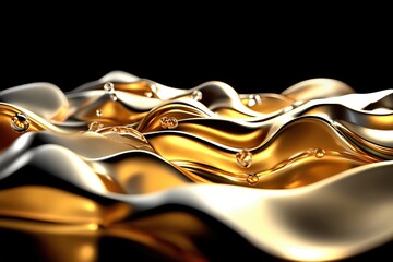 Poster - Flowing Gold and Silver Waves with Water Droplets on Black Background in High Detail