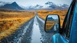 Reflections of adventure a closeup of a car's side mirror on a scenic mountain road