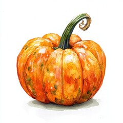 Aufkleber - Vibrant orange pumpkin with green stem highlights the beauty of autumn harvest in a garden setting