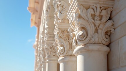 Poster - Ornate Building Facade with Elaborate Details and Decorative Columns Under Clear Blue Sky