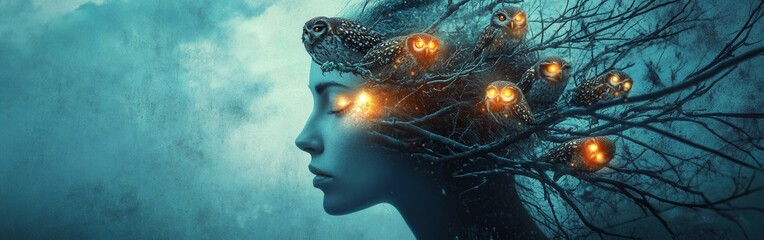 Leinwandbilder - Surreal representation of a glowing woman with owls amidst mystical trees in a dreamlike atmosphere at twilight