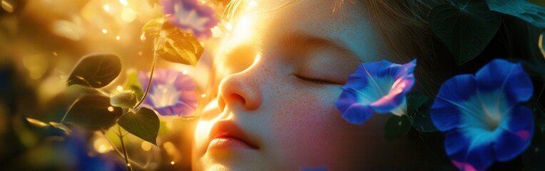 Poster - Surreal representation of a child's face amidst vibrant flowers during a golden hour