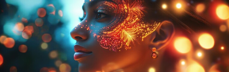 Poster - Surreal portrait showcasing a woman's face with vibrant patterns and glowing lights in a dreamlike atmosphere at dusk