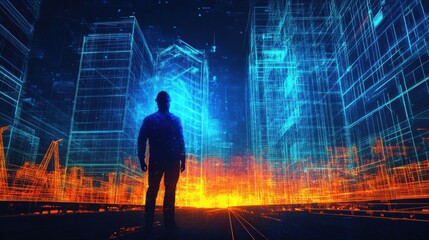 Poster - Architect's silhouette against a surreal cityscape glowing with vibrant colors and digital lines at dusk