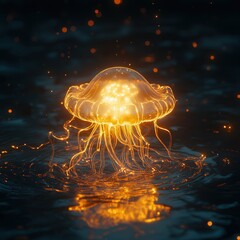 Wall Mural - jellyfish glowing brightly in the dark waters. Its luminous body creates a striking contrast against the dark ocean,