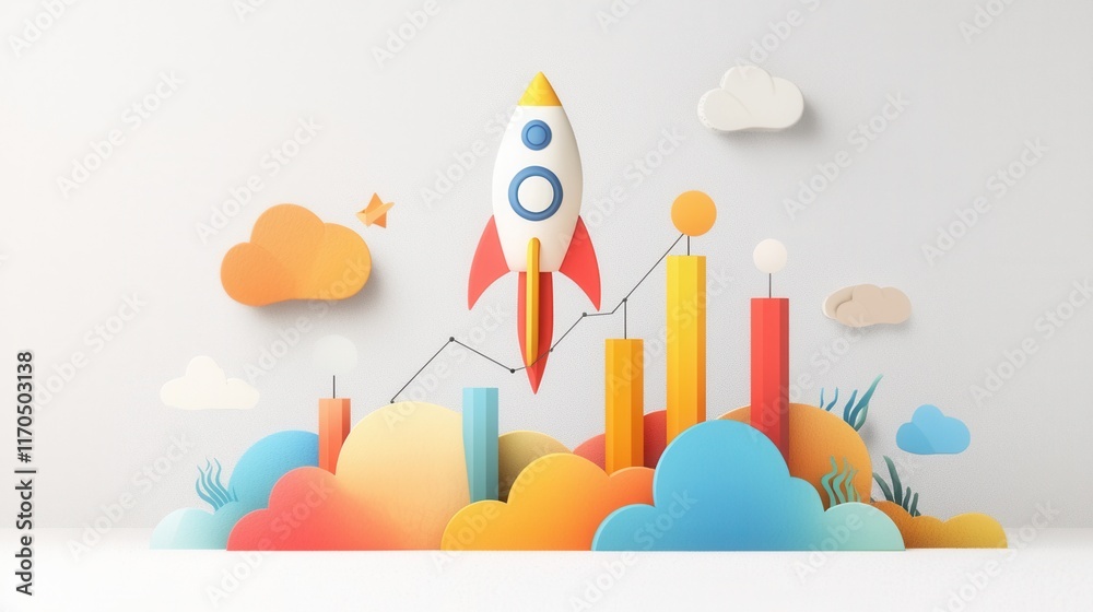Colorful Rocket Launching with Business Growth Chart Illustrating the ...