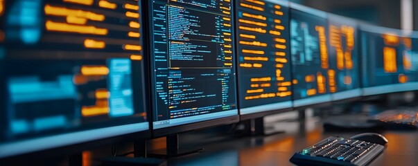 Poster - futuristic cyber defense control room with glowing threat detection screens dynamic team response an