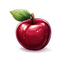 Aufkleber - Shiny red apple with green leaf resting on a white background, showcasing its vibrant color and fresh appearance
