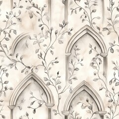 Poster - Serene watercolor doodle of leafy vines in architectural patterns on a soft background