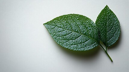 Wall Mural - Two Dew Covered Green Leaves On White Background