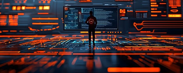 Poster - Cybersecurity professional employing advanced AI powered tools and technologies for real time threat detection analysis and response within a futuristic high tech laboratory environment