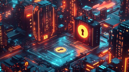 Aufkleber - Polished depiction of a futuristic financial system showcasing neon-lit skyscrapers and data security symbols