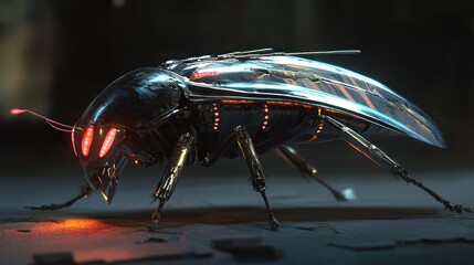 Futuristic metallic insect robot with glowing red eyes, detailed texture and dark background.