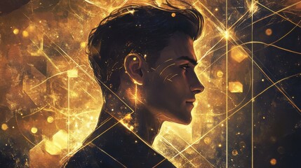 Aufkleber - Mystical profile of a man illuminated by golden light and cosmic patterns
