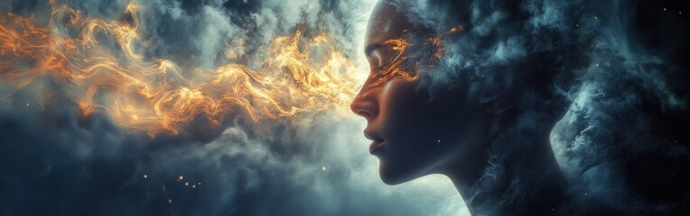 Poster - Mystical profile of a man emerging from swirling clouds and flames in a cosmic landscape